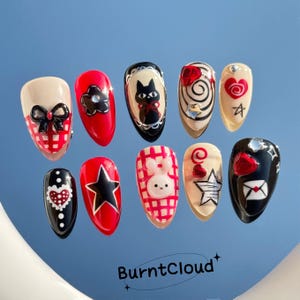 250 "Love Letter" Lindos lazos de gato y conejito en rojo retro y negro 3D para uñas a presión / Uñas pintadas a mano personalizadas / Uñas reutilizables de almendras / Uñas postizas