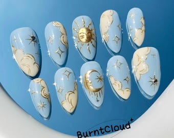 268 "Glow" Press on Nails: Chrome, Sun, Moon, Blue Sky, Clouds, Stars, Custom Hand-painted