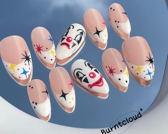 133 "Como un Payaso" Payasos Felices y Tristes Uñas Francesas Presionadas / Uñas Personalizadas Pintadas a Mano / Uñas Reutilizables con Diseño de Almendra / Uñas Postizas / Uñas Adhesivas