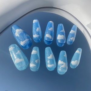 25 "Diamond Powder" Glitter Blue Sky White Clouds Press on Nails | Custom Hand-painted Nails | Coffin Reusable Nails/Fake Nails/ False Nails