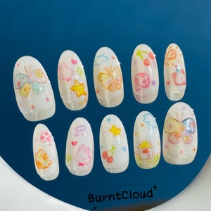253 &quot;Memory Doodles&quot; Kawaii Cute Whimsy Crayon Style Press on Nails | Custom Hand-painted Nails | Coffin Nails /Fake Nails/ Stick on Nails