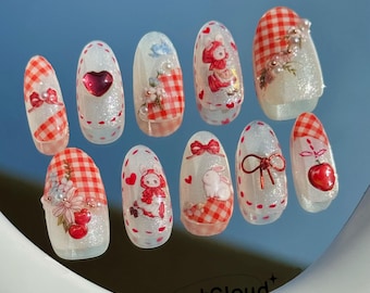 223 "Fairy Tale Forest" Press on Nails: Kawaii, Cute, Rabbit, Strawberry, Custom Hand-Painted