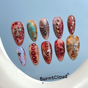 284 &quot;Vivid Samba&quot; Colorful Summer Vibrant Freestyle Red Ombre Press on Nails | Custom Hand-painted Nails | Almond Reusable Nails/Fake Nails