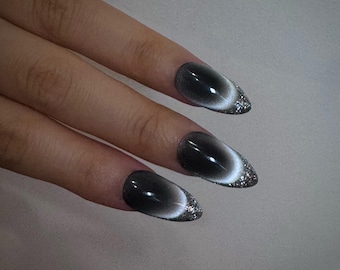 383 "Fingertip Light" Press on Nails: Sliver Frenches, Cat Eye, Dark, Glitter, Custom Hand-painted