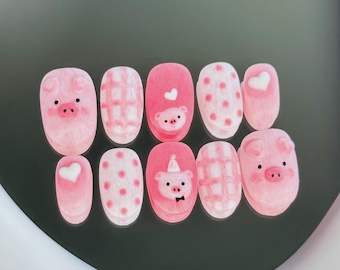 385 "Pink Piggies" Press on Nails: Fluffy Pig, 3D, Cartoon, Plaid, Dots, Custom Hand-painted