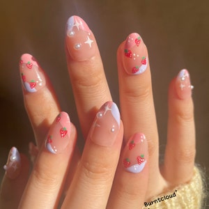 130 "Strawberry Day" Kawaii Cute Pink Pearls Sweet Press on Nails | Custom Hand-painted Nails | Short Nails | Fake Nails | Stick on Nails