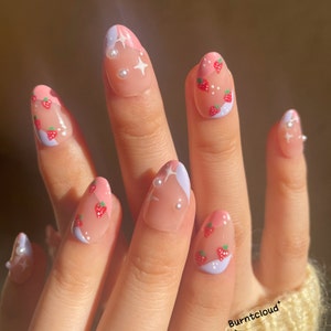 130 &quot;Strawberry Day&quot; Kawaii Cute Pink Pearls Sweet Press on Nails | Custom Hand-painted Nails | Short Nails | Fake Nails | Stick on Nails