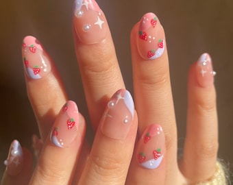 130 "Erdbeer Tag" Kawaii Süße Rosa Perlen Süß Drücken Sie auf die Nägel | Benutzerdefinierte handbemalte Nägel | Kurze Nägel | Künstliche Nägel | Nagel aufkleben