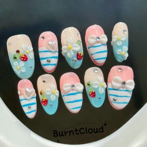 270 &quot;Beach Time&quot; Kawaii Cute 3D Flowers Strawberry Press on Nails | Custom Hand-painted Nails | Coffin Nails /Fake Nails/ Stick on Nails