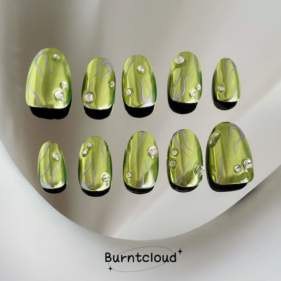 111 "Magic leaves" Grass Green Chrome Freestyle Water Drops Press on Nails | Custom Hand-painted Nails | Almond Fake Nails | Stick on Nails