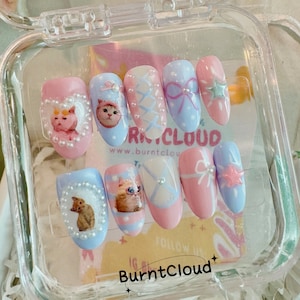175 "Masked Cats" Kawaii Cute Kitty Bowknot Pearl Lace Y2K Pink Press on Nails | Custom Hand-painted Nails | /Fake Nails/ Stick on Nails