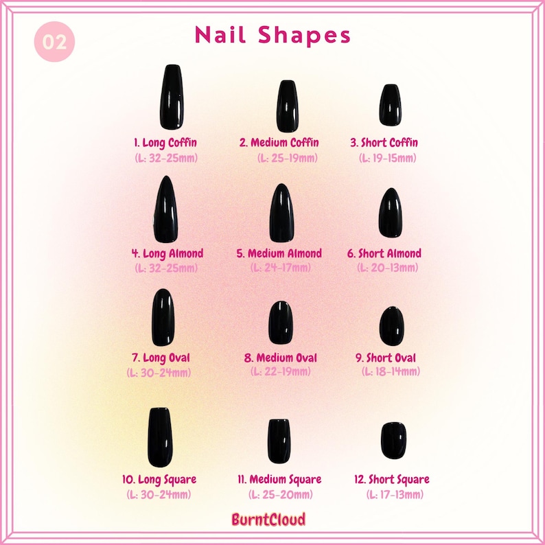 K&ouml;nnte beinhalten: Eine &Uuml;bersicht &uuml;ber 12 schwarze Nagelformen, darunter Long Coffin, Medium Coffin, Short Coffin, Long Almond, Medium Almond, Short Almond, Long Oval, Medium Oval, Short Oval, Long Square, Medium Square und Short Square. Die L&auml;ngenangaben sind in Millimetern.