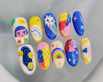 386 "Cosmic Doll" Press on Nails: Galaxy, Rainbow, Cartoon, Colorful, Illustration Style, Custom Hand-Painted