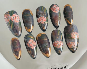 239 "Roses" Press on Nails: Monet, Oil Painting Style, Retro, Black, Gold, Custom Hand-painted