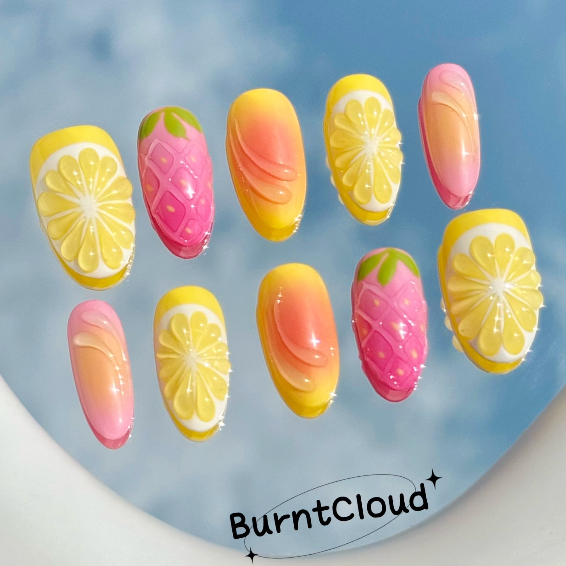 212 "Lemon Scent" 3D Cute Fruits Orange Strawberry Y2K Press on Nails | Custom Hand-painted Nails | Coffin Nails /Fake Nails/ Stick on Nails