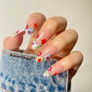 157 &quot;Blossom&quot; Colorful Spring Flowers White Frenchtip Press on Nails | Custom Hand-painted Nails | Coffin Fake Nails | Almond Nails