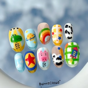 397 "Playroom" Press on Nails: Pig, Dinosaur, Sky, Cloud, Rocket, Rainbow, Custom Hand-painted