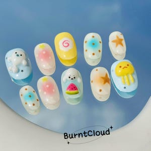 283 &quot;Little Seals&quot; Cute Kawaii Jellyfish Seals 3D Press on Nails | Custom Hand-painted Nails | Short Nails | Fake Nails | Stick on Nails