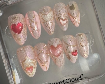 257 "Crush" Press on Nails: Sweet, Pink Glitter, Cat Eye, Gold Chrome, Custom Hand-painted