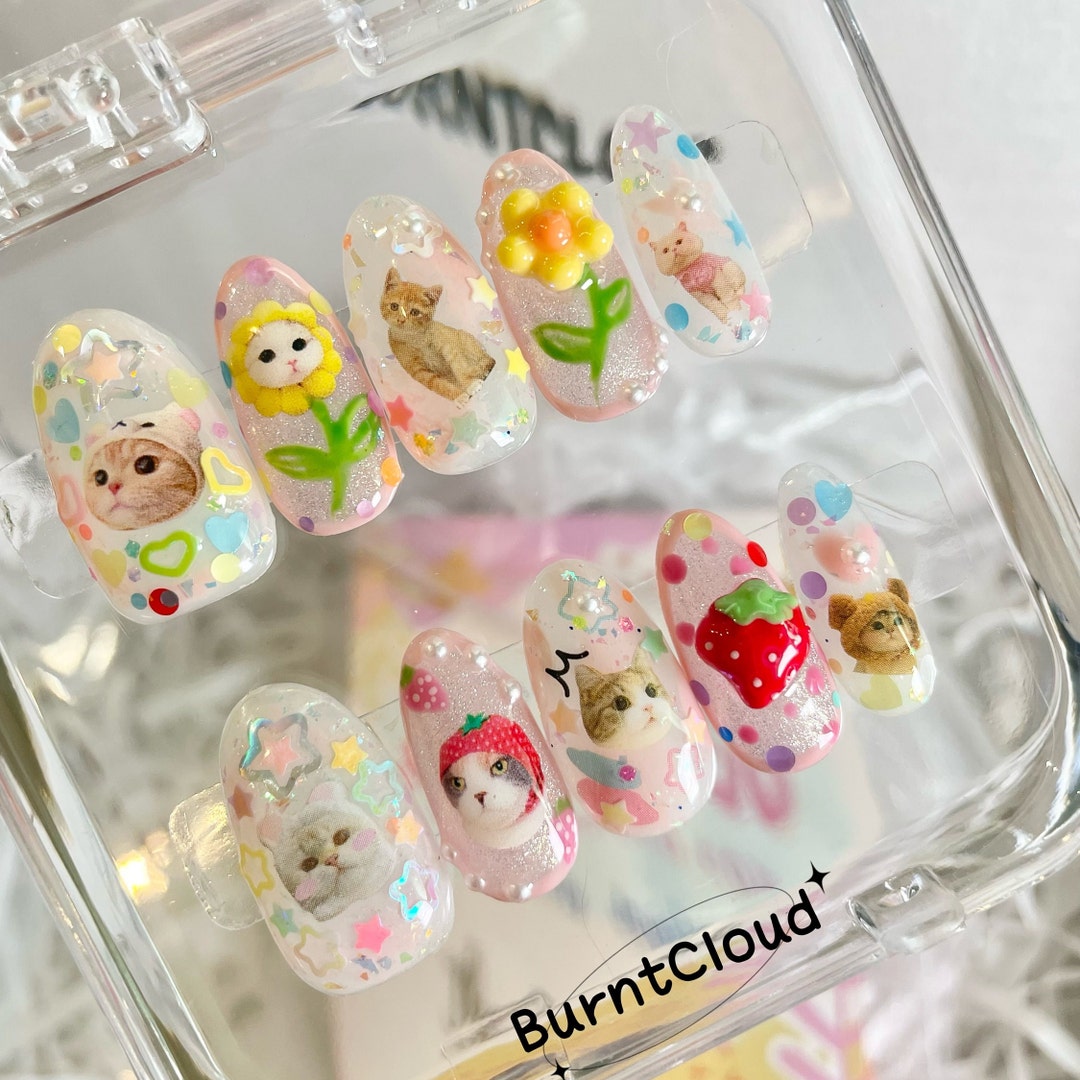 168 "crazy Cats" Kawaii Cute Kitty Strawberry Y2K Press on Nails | Custom Hand-painted Nails | Coffin Nails /fake Nails/ Stick on Nails - Etsy Japan