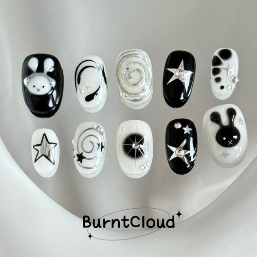 208 "Audio Bunny" Cute Black Rabbit with headphone 3D Press on Nails | Custom Hand-painted Nails | Short Nails | Fake Nails | Stick on Nails