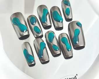 376 "Iron Tears" Press on Nails: Silver Chrome, Glazed, 3D Drips, Custom Hand-painted