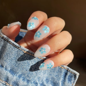 146 &quot;Pearl Blossom&quot; Blue Flowers Pearlescent White Press on Nails | Custom Hand-painted Nails | Almond Reusable Nails/Fake Nails
