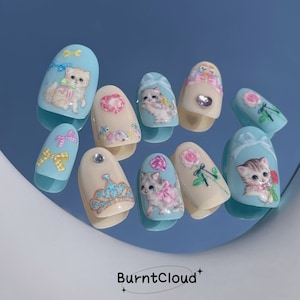 Promotion (Limited Time) 71 "Catboy Paradise" Kawaii Light Blue Cute Press on Nails | Custom Hand-painted Nails | Fake Nails/ False Nails