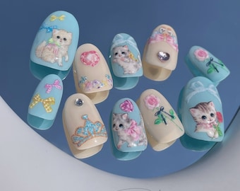 Promotion (Limited Time) 71 &quot;Catboy Paradise&quot; Kawaii Light Blue Cute Press on Nails | Custom Hand-painted Nails | Fake Nails/ False Nails
