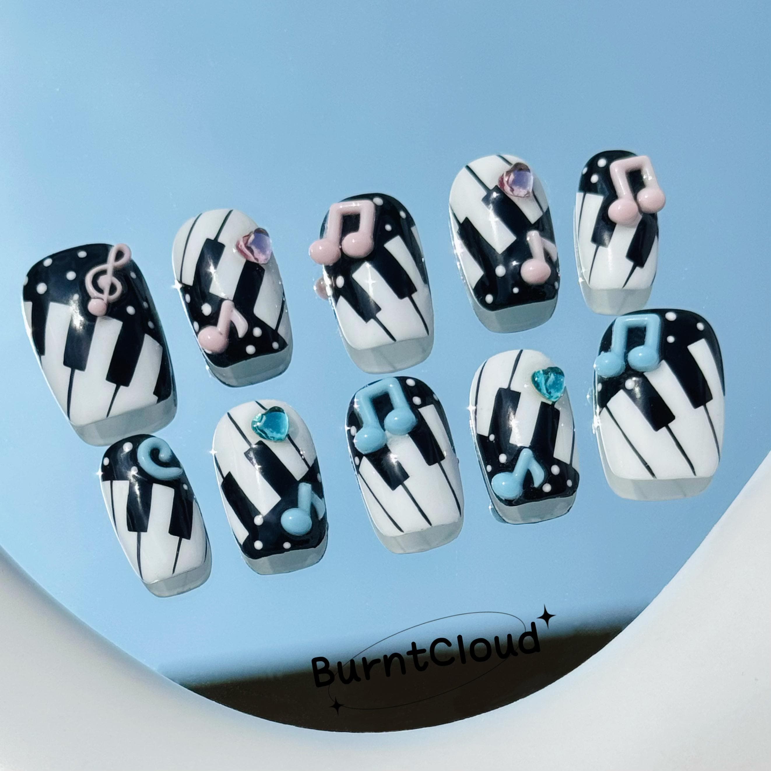 267 "Melody" Press on Nails: Kawaii, Musical Notes, Piano Keys, 3D, Custom Hand-painted