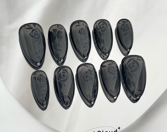 371 "A Rose Unseen" Press on Nails: Dark, Black, Floral, Flowers, Elegant, Custom Hand-painted
