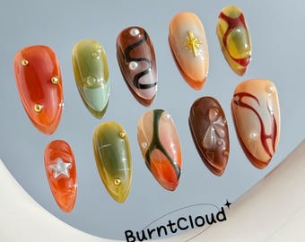 215 &quot;Marsh&quot; Freestyle 3D Ombre Frenchtips Waterdrops Grass Press on Nails | Custom Hand-painted Nails | Almond Reusable Nails/Fake Nails