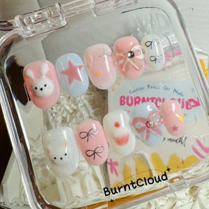 202 &quot;Bunny Pie&quot; Cute Pink Rabbit Cat Kitty 3D Sweet Press on Nails | Custom Hand-painted Nails | Short Nails | Fake Nails | Stick on Nails