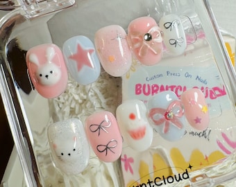 202 "Bunny Pie" Cute Pink Rabbit Cat Kitty 3D Sweet Press on Nails | Custom Hand-painted Nails | Short Nails | Fake Nails | Stick on Nails
