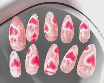 11 uñas postizas con corazones rosas brillantes "Sweet Love" / Uñas personalizadas pintadas a mano / Uñas reutilizables con cristales almendra brillantes / Uñas postizas