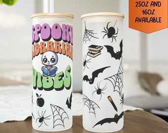 Librarian Halloween Iced Coffee Glass Cup, Spooky Librarian Vibes Glass Cup, Cute Halloween Cup for Librarian, Gift for Librarian