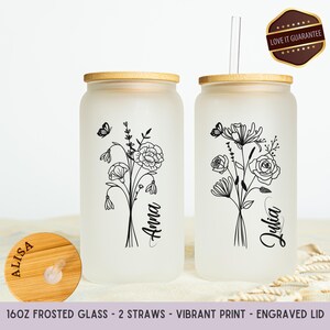 Personalized Birth Flower Tumbler With Name, Birth Flower Glass Coffee Cup, Mothers Day, Gifts for Her, Bridesmaid Proposal, Graduation Gift