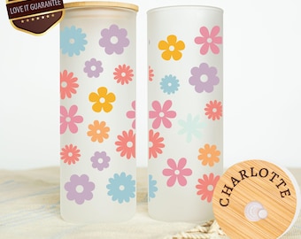 Personalized Retro Flower Glass Tumbler, Iced Coffee Cup, Daisy Glass Cup, Iced Coffee Cup, Bridal Shower Gifts, Mother's Day Gift