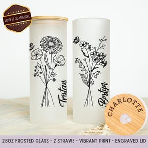 Personalized Birth Flower Tumbler, Gifts for Her, Mother&#39;s Day Gift, Bridesmaid Proposal Gift, Graduation Gift, Custom Glass Coffee Cup
