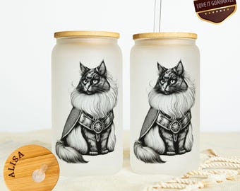 Personalized Medieval Cat Iced Coffee Glass, Lord Sir Cat Glass Cup, Cat Lover, Custom Ren Faire Libbey Glass 25oz 16 oz