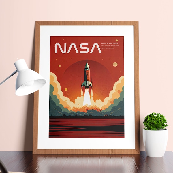 NASA inspired retro space rocket poster - Printable Wall Art, Digital Download