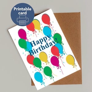 Cartão de aniversário para impressão com balões coloridos e confetes. Perfeito para amigos, namorado, namorada, entes queridos
