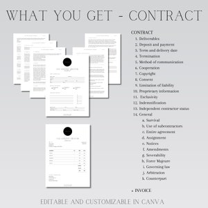 May include: A black and white image of a contract template for content creators. The contract includes sections for deliverables, payment, termination, and more. The text "WHAT YOU GET - CONTRACT" is at the top of the image. The text "EDITABLE AND CUSTOMIZABLE IN CANVA" is at the bottom of the image.
