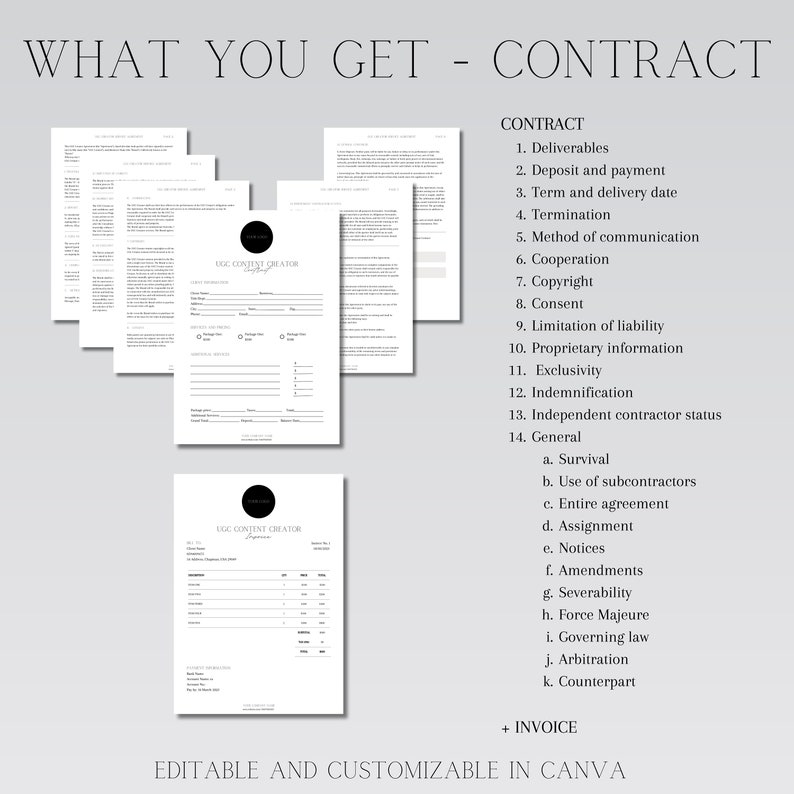 May include: A black and white image of a contract template for content creators. The contract includes sections for deliverables, payment, termination, and more. The text "WHAT YOU GET - CONTRACT" is at the top of the image. The text "EDITABLE AND CUSTOMIZABLE IN CANVA" is at the bottom of the image.