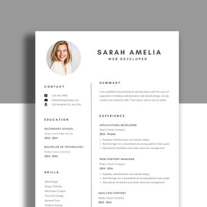 Plantilla de currículum con foto, plantilla de currículum profesional para Word y páginas, plantilla de currículum limpio con imagen, plantilla de currículum y carta de presentación