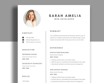 Resume Template with Photo, Professional Resume Template for Word & Pages, Clean CV Template with Picture, Resume and Cover Letter Template