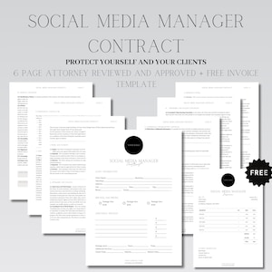 May include: Black and white contract template for social media managers. The template includes sections for client information, services and pricing, and additional services. The text "PROTECT YOURSELF AND YOUR CLIENTS" is at the top of the page. The text "6 PAGE ATTORNEY REVIEWED AND APPROVED + FREE INVOICE TEMPLATE" is below the title.