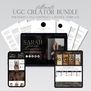 May include: A digital marketing bundle for creators, including a portfolio template, a contract template, and an invoice template. The bundle features a black and white design with the text "Ultimate UGC Creator Bundle" and "Portfolio + UGC Contract + Invoice Template".