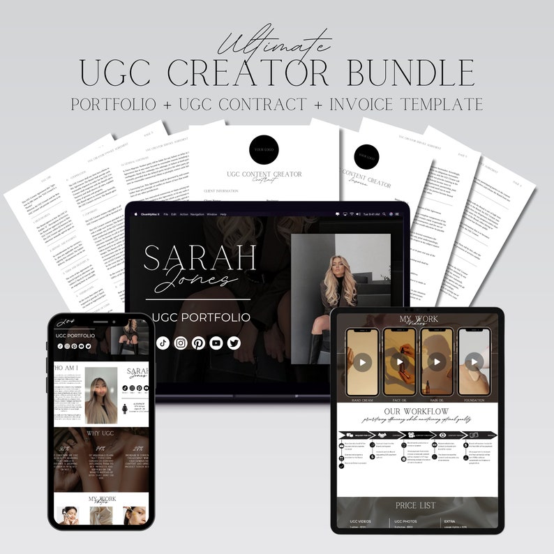 May include: A digital marketing bundle for creators, including a portfolio template, a contract template, and an invoice template. The bundle features a black and white design with the text "Ultimate UGC Creator Bundle" and "Portfolio + UGC Contract + Invoice Template".