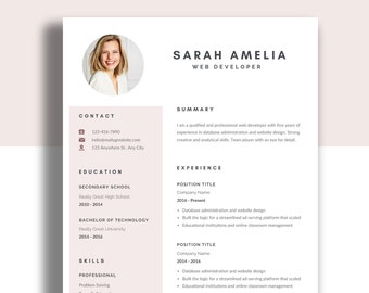 CV-sjabloon met foto, professioneel CV-sjabloon voor Word & Pages, CV-sjabloon met afbeelding, CV en sollicitatiebriefsjabloon - roze